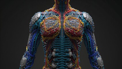 Showing cybernetic torso with red yellow blue cables, teal-blue spine, circuit boards in studio