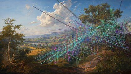 Radiating neon glitch streaks overlaying trees and rocky path on hillside, overlooking river valley