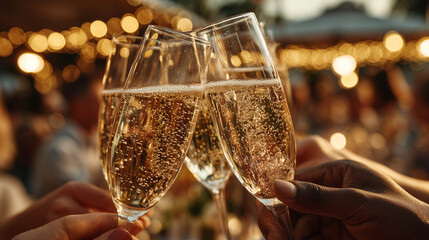 Close up of person hand holding crystal champagne flute with sparkling wine clinking for celebration toast at luxury evening party event