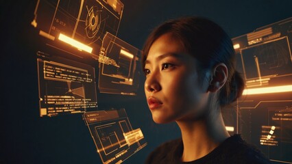 Young woman analyzing virtual digital interface with futuristic holographic data displays, representing artificial intelligence, innovation, and advanced technology in cyber research environment.