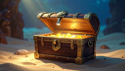 Sunken Treasure Chest on Sandy Beach.