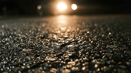 Close-up low-angle view of a wet asphalt road at night with distant vehicle headlights reflecting on the surface.