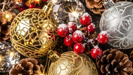 Stunning golden and silver Christmas ornaments sparkle brightly