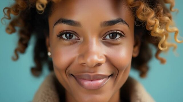 Video Close-up shot of a woman's face with curly hair, suitable for beauty or lifestyle themes