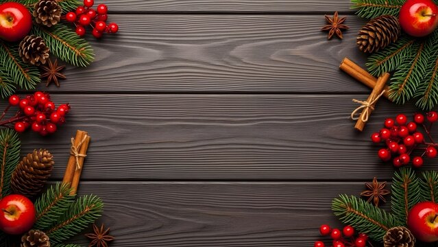 Festive winter holiday border decoration on a dark wood background texture