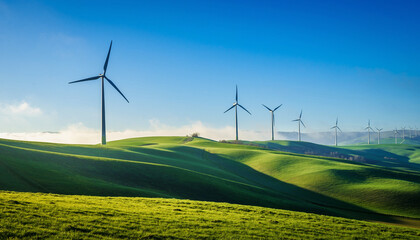 A beautiful landscape with wind turbines on rolling green hills, clear blue sky, natural sunlight, eco-friendly mood, sustainability concept, wide angle lens, crisp colors, premium stock aesthetic.