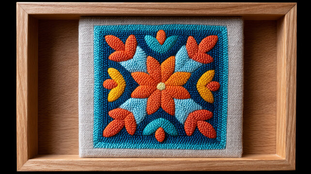 Colorful punch needle embroidery in wooden frame, floral design.