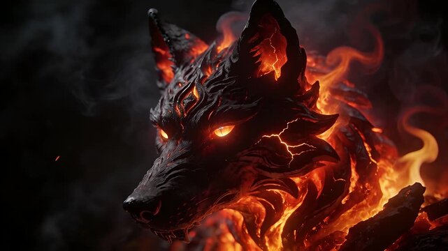 Fiery Wolf Spirit with Glowing Eyes and Dark Background.