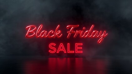 Glowing red neon sign reading 'Black Friday' and 'SALE' reflecting on studio floor, fog drifting