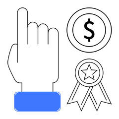 Business goals, rewards, financial success, productivity, achievements, motivation. Hand pointing upward, dollar symbol and award ribbon. Business goals and rewards concept