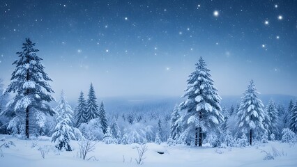 Obraz premium Snowy pine forest under a clear blue starry winter night sky