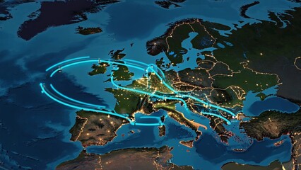 Digital map of Europe illuminated by bright yellow data lines and glowing nodes, modern technology, international communication, innovation, global connection of countries digital infrastructure.