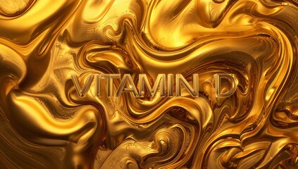 Showing embossed VITAMIN D metal text merging into gold swirls in studio render, microbubbles