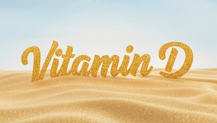 Shimmering gold glitter 3D script text 'Vitamin D' sparkling over sunlit sand dunes, with granules