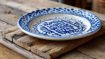 Ornate blue and white ceramic plate on a rustic wooden table.