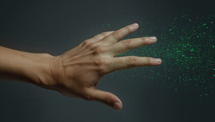 Extending adult hand reaching toward right side of frame at studio backdrop, releasing green pixels