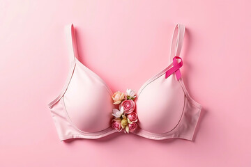 Delicate white bra adorned with colorful flowers on a pink background