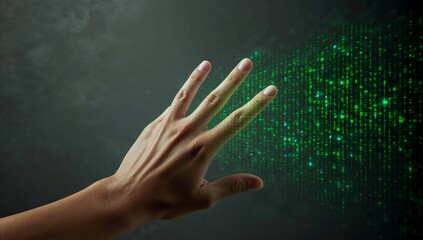 Reaching bare human right hand touching green pixel matrix in dark smoky room, with light streaks