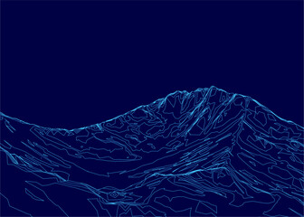 A blue and white line drawing of a mountain terrain features intricate contour lines and geometric shapes against a dark blue background.