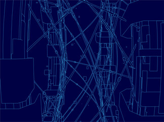 A futuristic space station blueprint displays complex electrical contours and overlapping wire networks. The technical schematic conveys advanced engineering with dimensional depth.