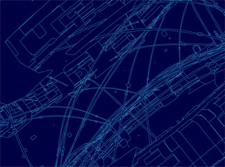 A detailed city map blueprint with contour lines and shapes represents a futuristic space station on a blue background.