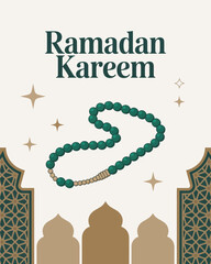 Ramadan Kareem Greeting with Prayer Beads and Geometric Arch Design