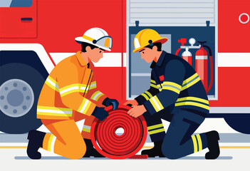 Fototapeta premium Two firefighters in protective gear kneel by a fire truck, coiling a red hose