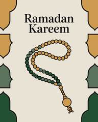Ramadan Kareem Greeting with Prayer Beads and Geometric Arch Design