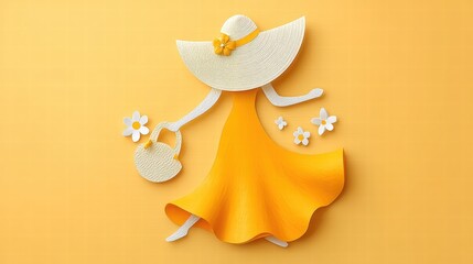 Elegant Woman in Yellow Dress with Sun Hat and Flowers Background