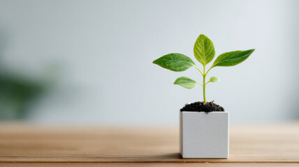 A young plant thriving in a small cube pot on a wooden table 