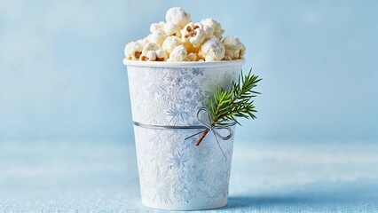 Light paper cup with silver pattern, powdered popcorn, and juniper branch tied with silver thread