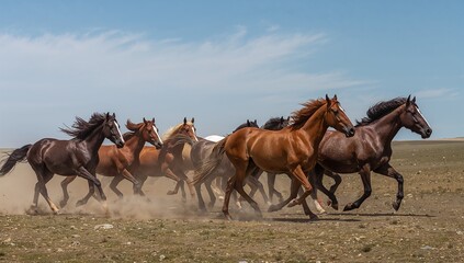 Fototapeta premium Galloping herd of horses kicking up dust across flat open plain under blue wispy sky