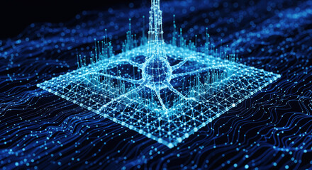 Futuristic blue 3d network structure on dark background with glowing nodes and connections