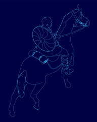 Fototapeta premium A warrior on horseback charges forward in full armor, holding a sword aloft against a solid blue background. The galloping horse's mane and tail flow dynamically in the wind.
