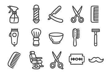 Barber shop tools icons: scissors, razor, comb, spray bottle, brush, chair, blade.