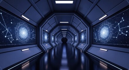 Futuristic, dark blue corridor with galaxy display panels, reflecting floor