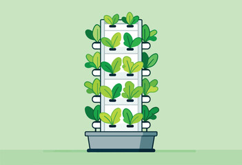 A vertical farm unit showcasing multiple tiers of leafy green plants