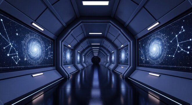 Futuristic, dark blue corridor with galaxy display panels, reflecting floor