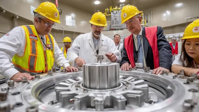 Engineers at the Power Plant: A group of diligent engineers examines a complex piece of industrial machinery, working together in a power plant setting.