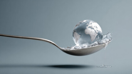 Ice sphere resembling the Earth in spoon, melting on a grey background