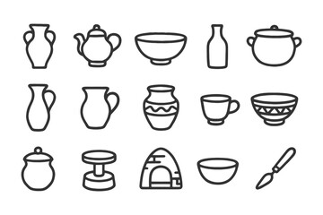 Obraz premium Collection of simple pottery and kitchenware icons in black and white.