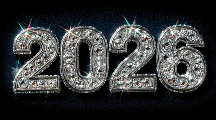 Silver metallic numbers display 2026 on a black background with sparkling effects and shiny details