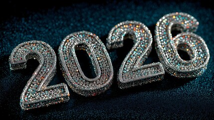 Silver metallic numbers 2026 displayed on a black surface with a sparkling effect in a studio setting