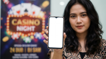 Woman holding smartphone with blank white screen in focus, blurred casino night sign and playing cards in background, online gambling concept