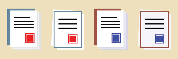 Set of four document icons with seals or stamps, featuring variations in border color bluebrown and seal color redblue on a light beige background