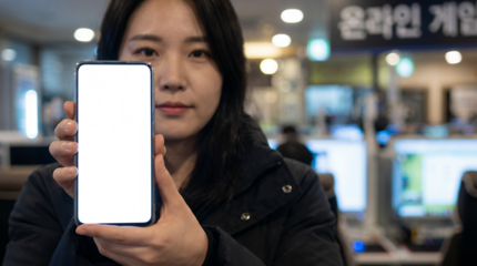 Young Asian woman holding a modern smartphone with a blank white screen, presenting mobile technology or application interface.