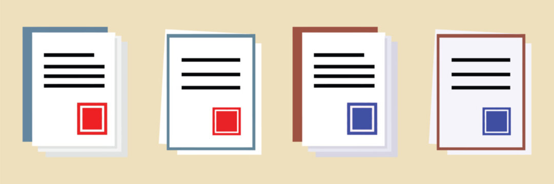 Set of four document icons with seals or stamps, featuring variations in border color bluebrown and seal color redblue on a light beige background