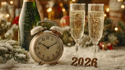 Snowy winter landscape at twilight with vintage alarm clock and champagne glasses next to it