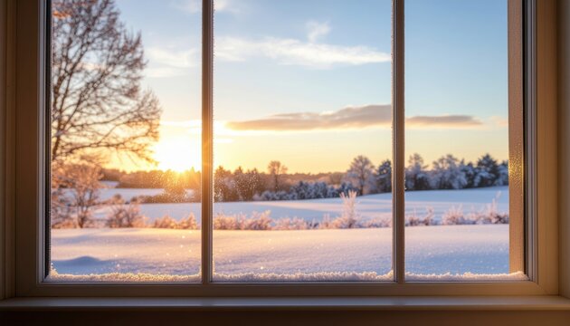Fototapeta Serene winter landscape with glowing sunrise over snow covered fields viewed through a frosted window