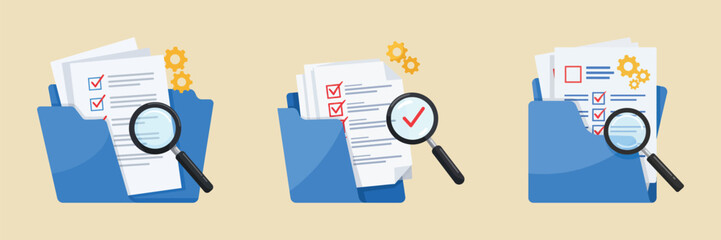 Document review and audit concept with three folders, magnifying glass, checklist, and gear icons, symbolizing inspection, verification, and process management in business or data analysis